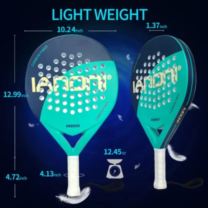 A graphic of the IANONI PR8500 Padel Racket dimensions, with it saying lightweight, and the different measurements of the racket.